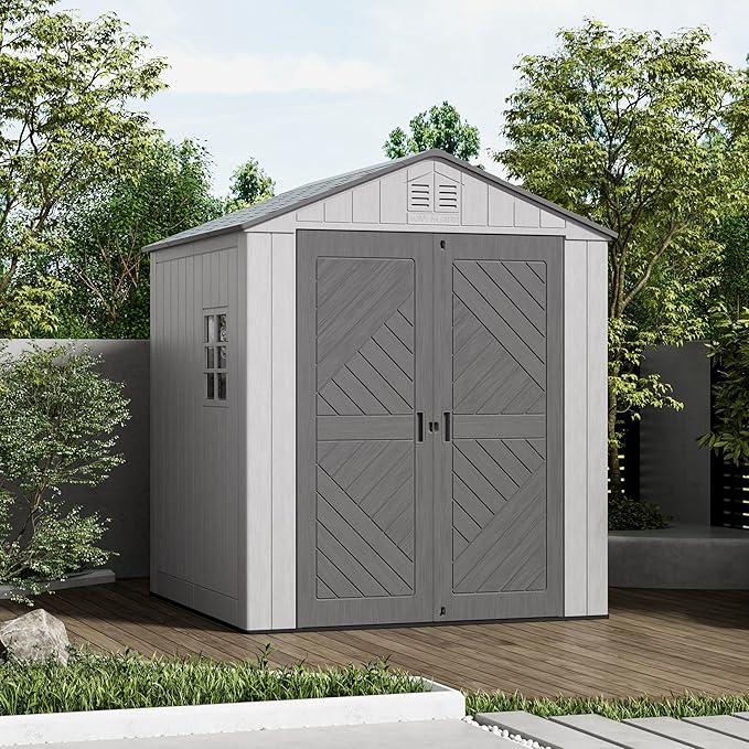 6x6 FT Storage Shed with Floor,HDPE Resin Outdoor Storage Shed Weather Resistant,Lockable Garden Sheds with Windows for Home/Garden Tools/Backyard/Lawn Mower/Bike Storage(Gray)