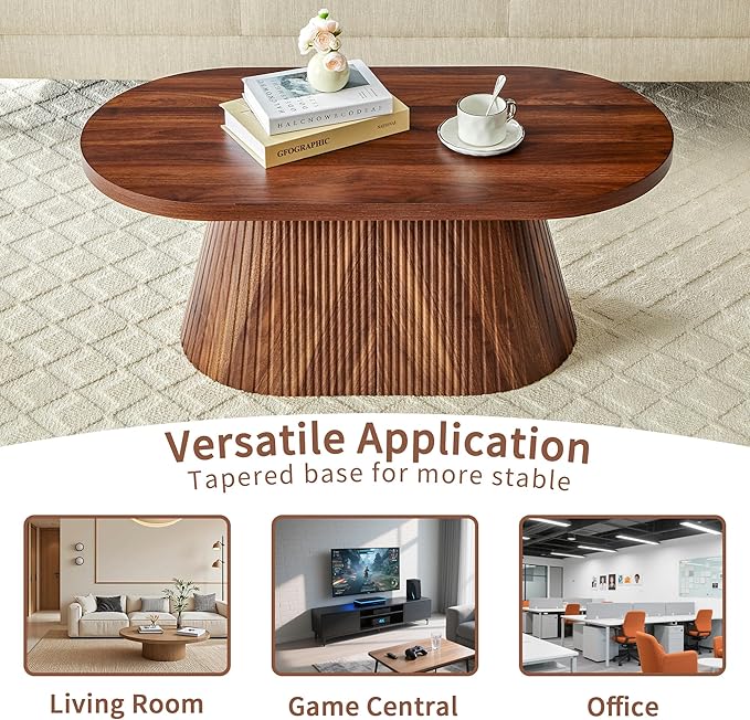 Fluted Coffee Table with Sturdy Tapered Base, Wood Oval Small Coffee Table, Mid Century Modern Center Table for Living Room Office (Walnut)