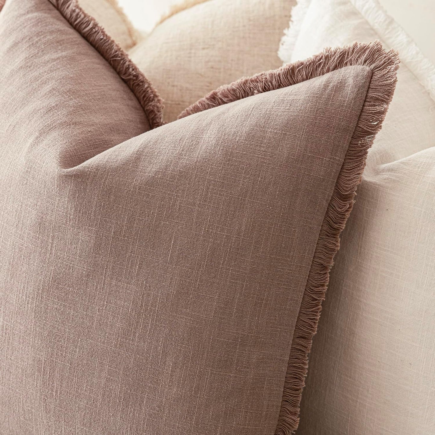 Foindtower Set of 2 Decorative Linen Fringe Throw Pillow Covers Boho Farmhouse Cushion Cover with Tassels Soft Accent Pillowcase for Couch Sofa Bed Living Room Home Decor,18×18 Inch,Dusty Pink