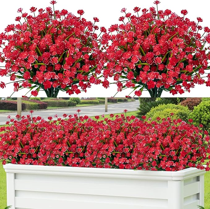 Lnoicy 10pcs Artificial Flowers for Outdoor,Plastic Flowers Decoration, UV Resistant Faux Flowers Shrubs, Artificial Plants for Indoor Outside Garden Home Wedding Farmhouse(Red)
