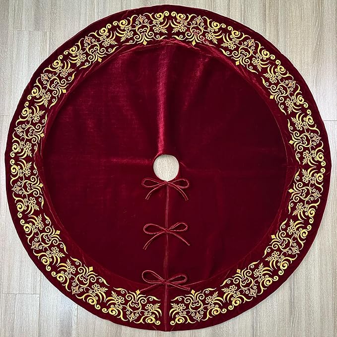 72-Inch Victorian Velvet Christmas Tree Skirt with Gold Damask Embroidery and Plush Lace Ties, Burgundy
