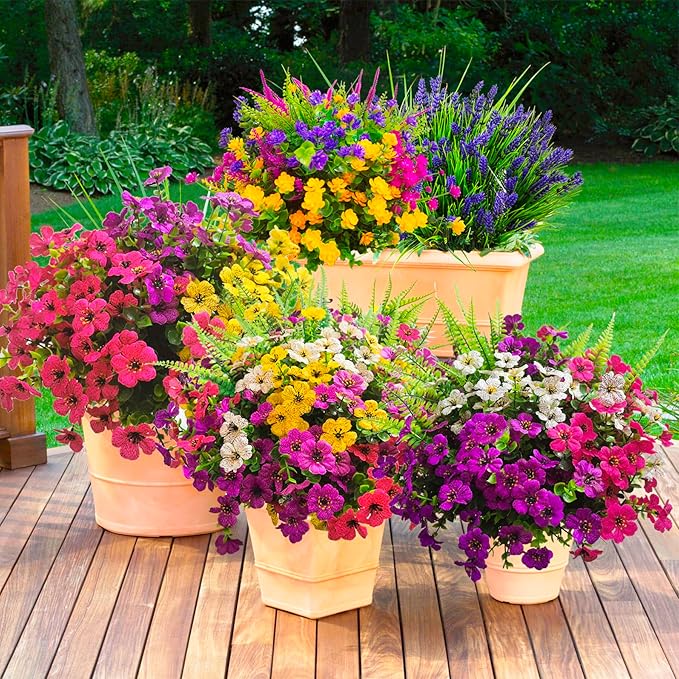 Artificial Fake Flowers for Outdoors,16 Bundles Artificial Plants Outdoor Faux Plants UV Resistant, Realistic Faux Silk Flower 6 Colors Spring Summer Decor for Porch Outside Planter Window Box