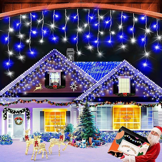 XURISEN 66ft Christmas Lights Decorations Outdoor, 640 LED 8 Modes Curtain Fairy Lights with 120 Drops,Plug in Waterproof Timer Memory Function for Christmas Holiday Wedding Party Decor(Blue+Cool)
