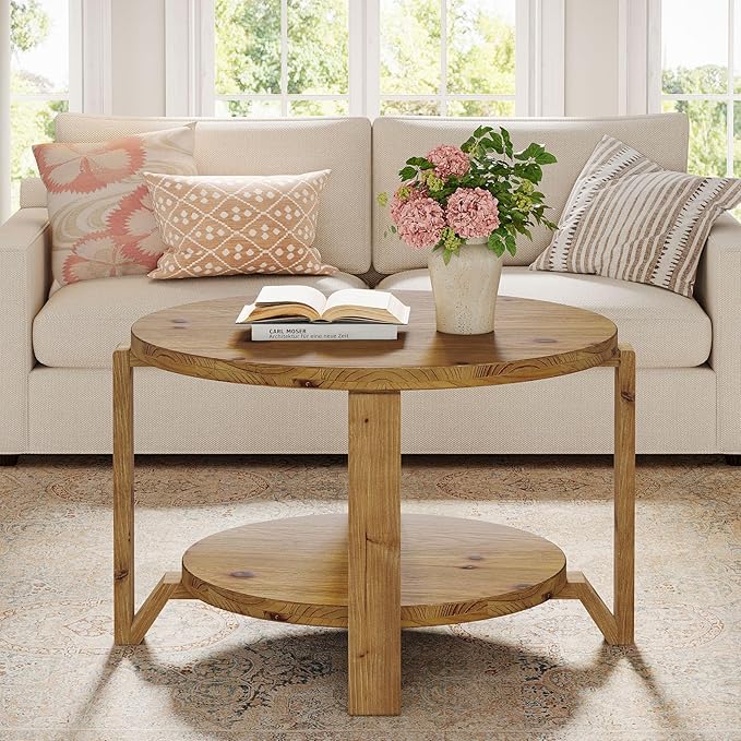 Tribesigns 30" Solid Wood Coffee Table, Round Small Coffee Table with 2-Tier Storage for Living Room, Farmhouse Brown Round Solid Wood Accent, Circle Center Furniture with Natural Texture Design