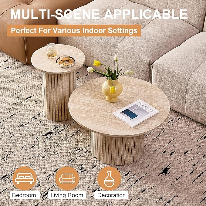 Round Nesting Coffee Tables Set of 2 -φ27.6 Large Short + φ15.8 Small Tall Boho Circle Side Tables with Fluted Drum Design, Beige