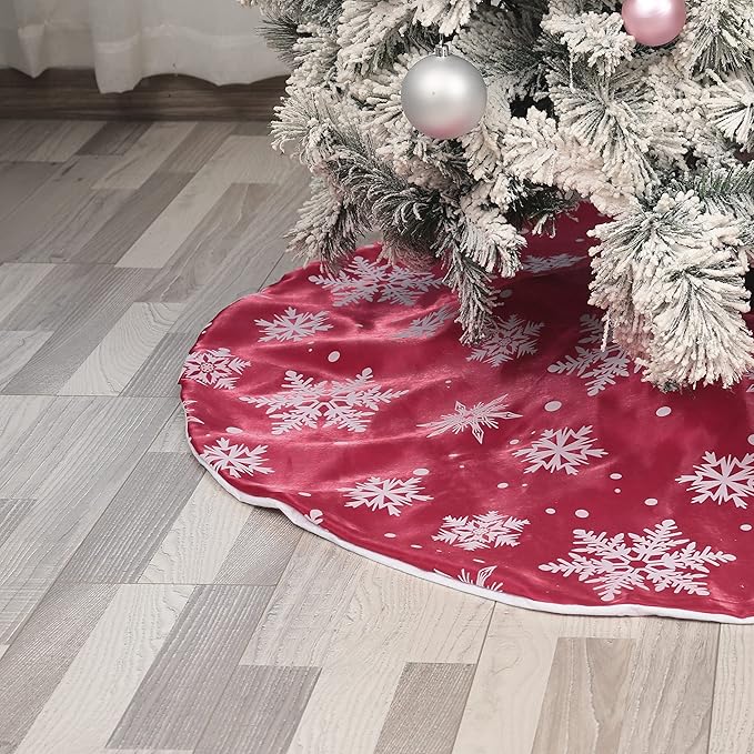 Flash World 36 Inch Large Christmas Tree Skirt Xmas Soft Cover Mat Decor Snowflake Collar Farmhouse Tree Skirt for Holiday Ornaments Party Home Indoor Decorations (Flocking Red, 36INCH)