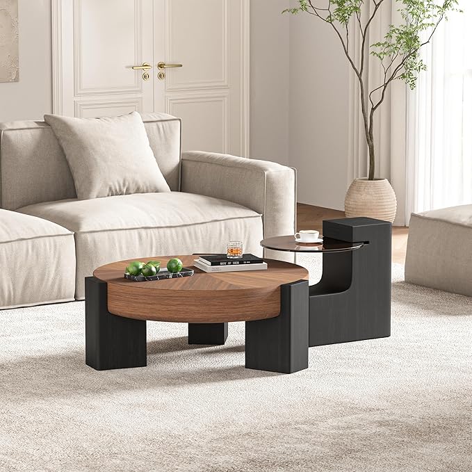 Round Wood Coffee Table Set of 2 Modern, Thickened Top & Leg Supports, Center Coffee Table and Glass Top End Table Sets for Living Room, Small Spaces, Home Office, Easy Assembly, Black & Walnut