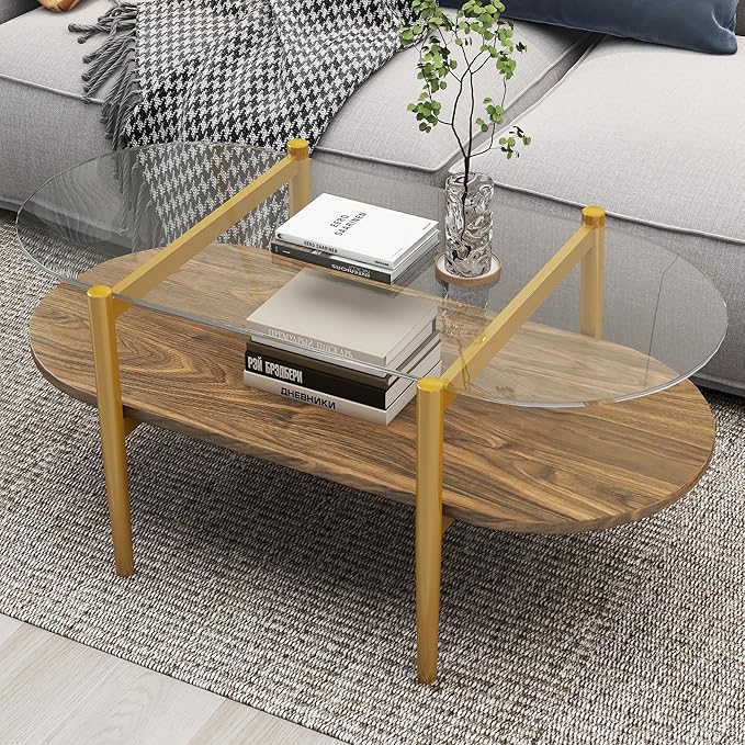 Modern Oval Glass Coffee Tables, 2-Tier Mid Century Modern Center Table, Tempered Glass Tabletop & Golden Metal Frame, Living Room, Office