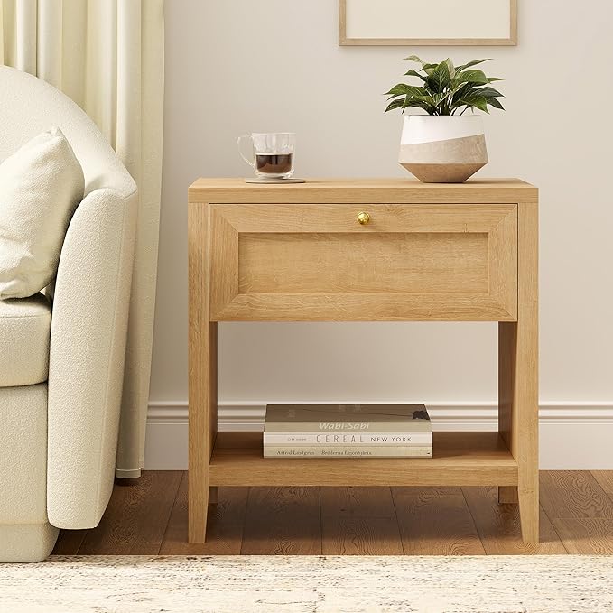 Nightstand with Storage Drawer, Farmhouse Large Bedside End Table with Open Shelf, Modern Wood Night Stand for Sofa, Bedroom, Natural Oak