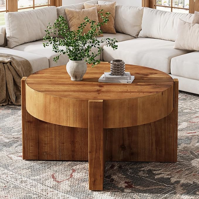 Solid Wood Coffee Table, 32 Inch Round Coffee Table for Living Room, Large Farmhouse Center Table with Thick Tabletop for Home, Easy Assembly, Rustic Brown