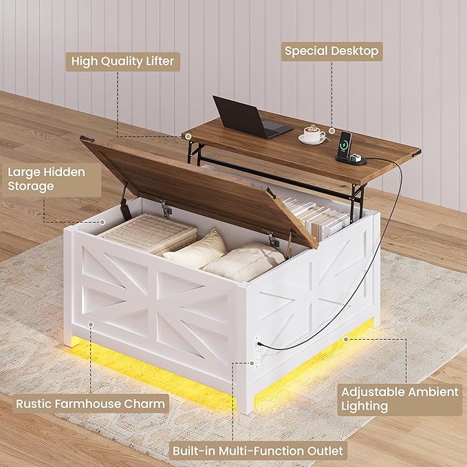 Farmhouse Coffee Table with Lift Top Storage, Square Wood Center Table, USB Charging Station,White