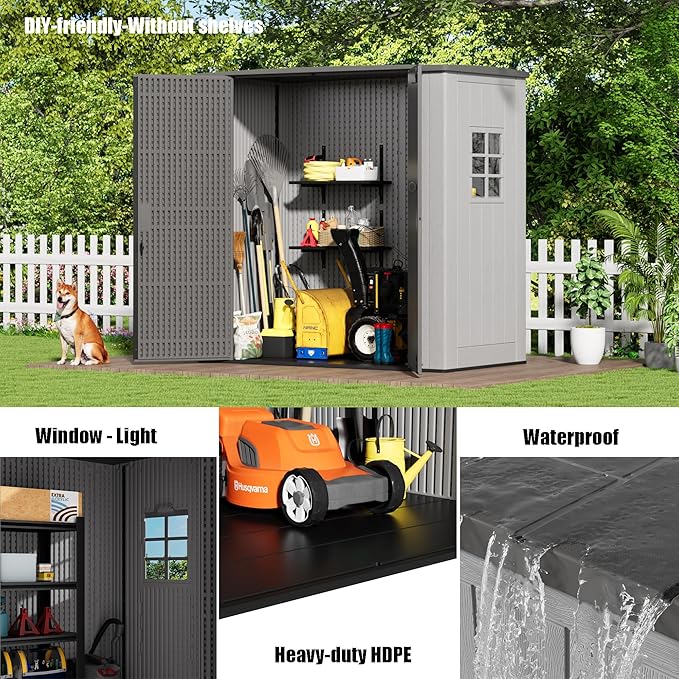 6×3.5 FT Storage Shed with Floor,HDPE Resin Outdoor Storage Shed Weather Resistant,Garden Sheds with Windows for Home/Garden Tools/Backyard/Lawn Mower/Bike Storage(Gray)
