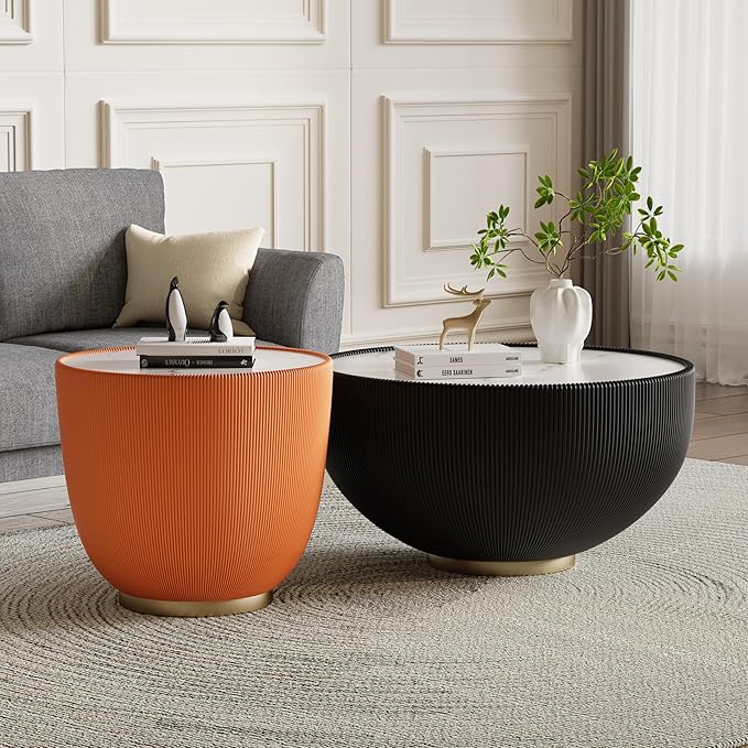 Round Living Room Table Set, 27.56" Black Drum Center Table and 19.69" Orange Coffee Table Set, 2 Pieces Coffee Table Set with Sintered Stone Tabletop, Fluted PU Leather Covered and Metal Base