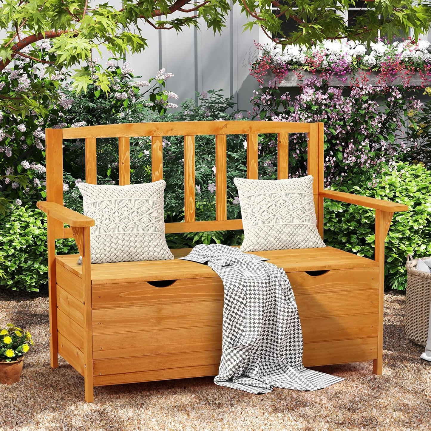 AVAWING Outdoor Storage Bench, Wooden Garden Bench Weatherproof, Patio Benches for Outside, 2-Seat Front Porch Bench, Park Bench for Deck, Lawn, Backyard (Yellow)
