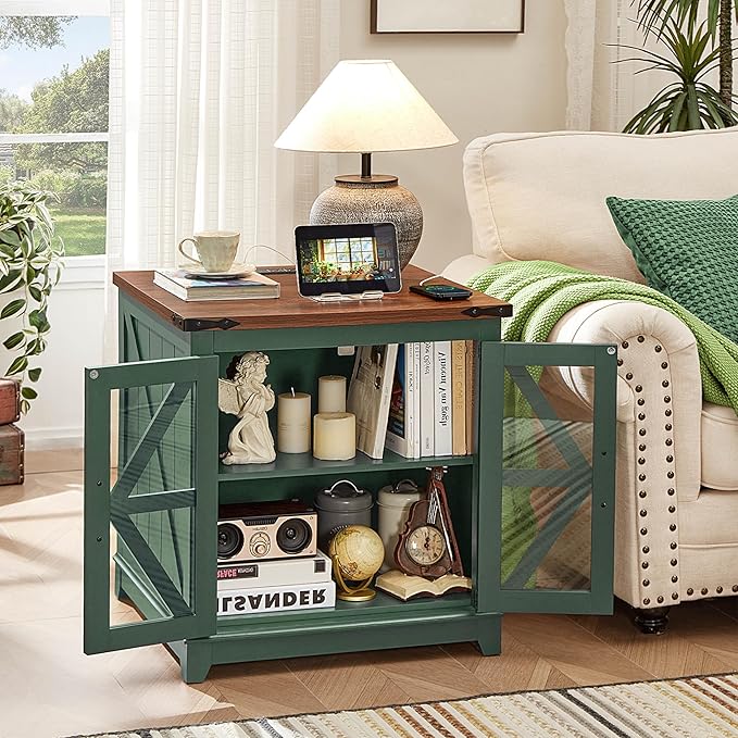Farmhouse End Table Set of 2, 24" Large Sofa Side Table with Charging Station Glass Barn Door, Wood Nightstand with Adjustable Storage Shelf, Square Bedside Table for Living Room, Bedroom,Office-Green