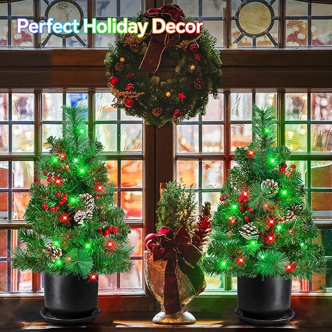 Outdoor Pathway Christmas Trees, 2-Pack 28.5Inch RGB Color Changing Pre-Lit Smart Artificial Pine Tree with Cones, Remote&App Control, Outdoor Christmas Decorations for Porch Yard Walkway