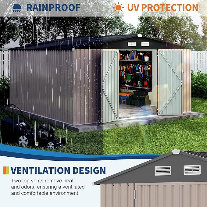 12x12 FT Metal Storage Sheds Outdoor, Metal ToolShed with Lockable Door, Metals Yard Sheds Metals Garden Shed Kit, MetalUtility Sheds Buildings with Air Vent for Backyard Garden Patio Lawn