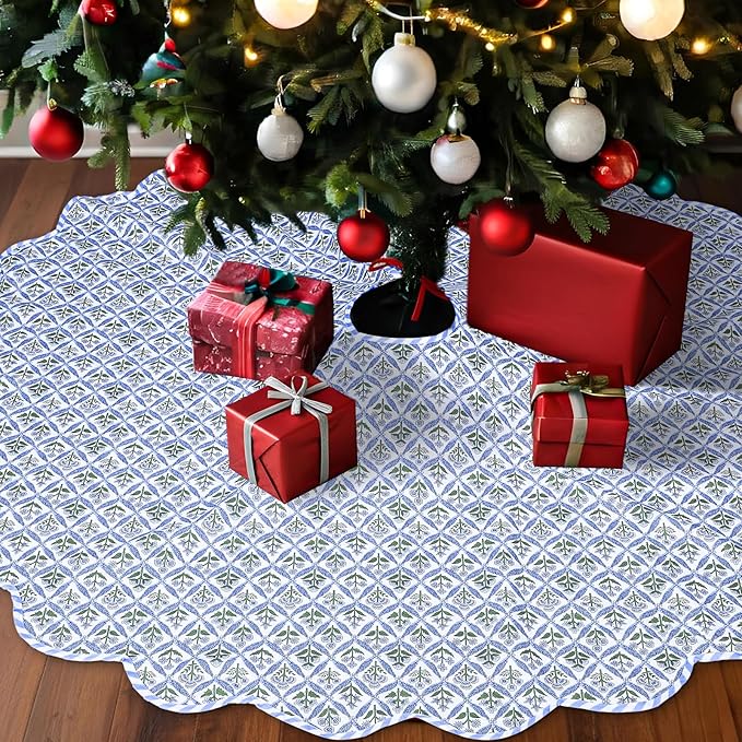 Christmas Tree Skirt Cotton Floral Block Tree Skirt in Nature Color for Home Xmas Party Seasonal Holiday Decoration Indoor Outdoor(60 Inch,Blue)
