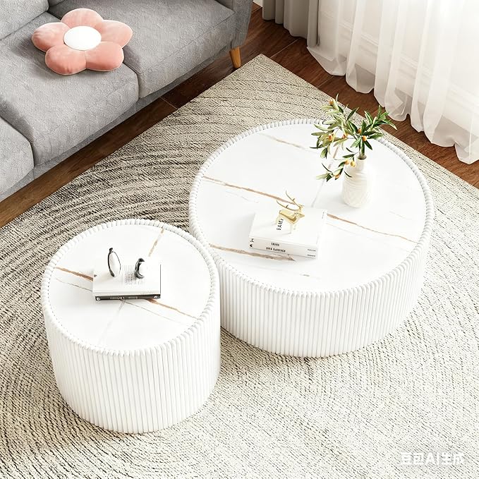 Round Living Room Table Set, 29.52" White Drum Center Table and 17.71" White Coffee Table Set, 2 Pieces Coffee Table Set with Sintered Stone Tabletop, Fluted PU Leather Covered and StableBase