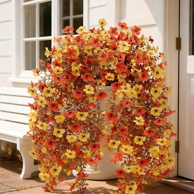 Geegoods Artificial Mum Flowers for Outdoors, 4Pcs Hanging Flowers Plants UV Resistant Realistic Silk Flowers for Outside Patio Porch Garden Yard Balcony Fall Decor