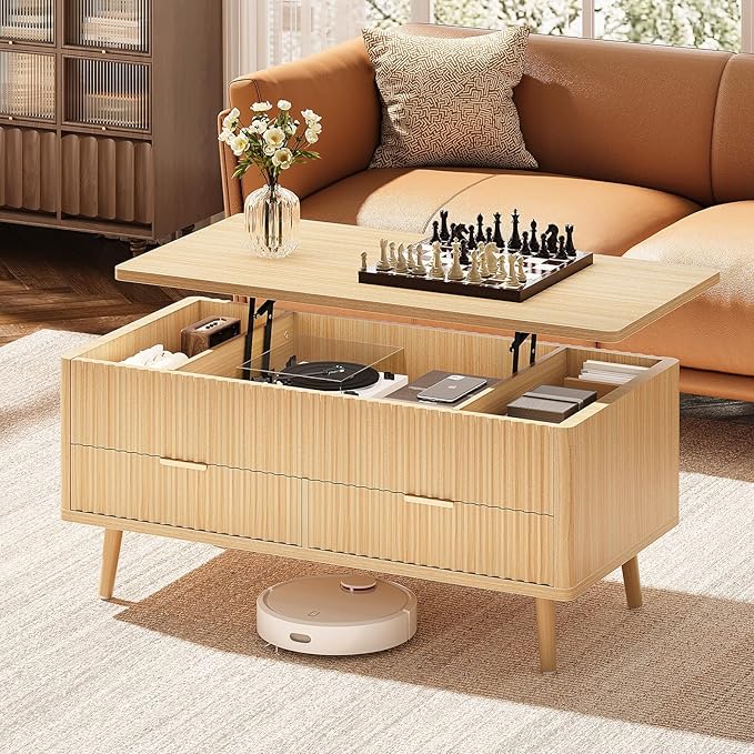 Fluted Lift Top Coffee Table- Wood Coffee Tables with Storage for Living Room, Mid Century Modern Square Large Center Table with Drawers & Hidden Compartment for Home Office, Reception