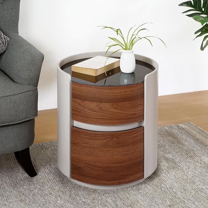 WILLIAMSPACE 17.13" Round Small Coffee Table with Double Storage Drawers & Tempered Glass Top, Modern Accent Side Table Retro Style End Sofa Table for Living Room Apartment, Brown + Gray
