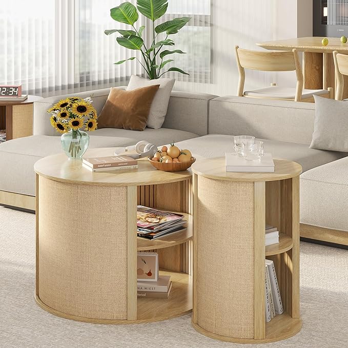 Wood Round Coffee Table Set, 2-Tier Farmhouse Center Coffee Table and End Table Sets of 2 with Adjustable Shelf, Sackcloth Finish, Boho, for Living Room, 27.5 Inches, Nature