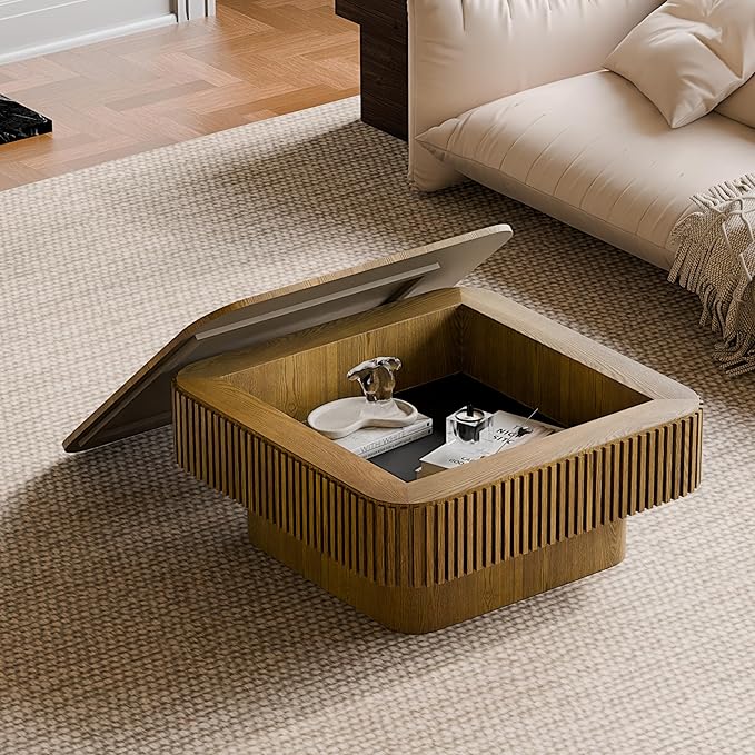 31.5'' Square Coffee Table with Storage, Mid Century Modern Fluted Drum Center Tables with Lid, Solid Wood Modern Coffee Table Accent Tea Table for Living Room, Bedroom, Apartment or Office, Brown