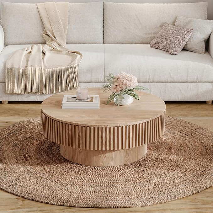31.5" Round Coffee Table with Hidden Storage Compartment, Modern Handcraft Fluted Drum Coffee Table, Wooden Circle Center Table Cocktail Tea Table with Sturdy Pedestal for Living Room,Natural