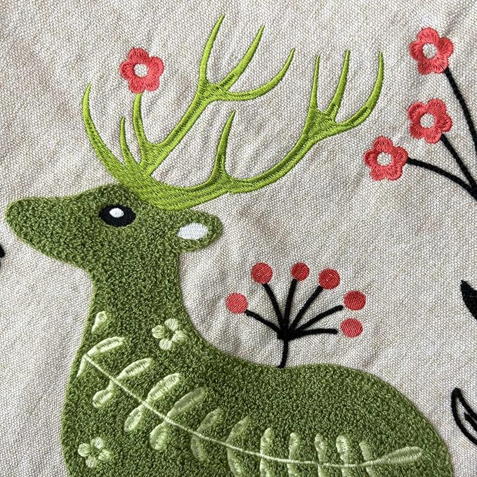 60-Inch Linen Christmas Tree Skirt, Woodland Creatures Embroidery, Thick Foam Padding, Beige with Navy Blue Trim, Oak Button Closures