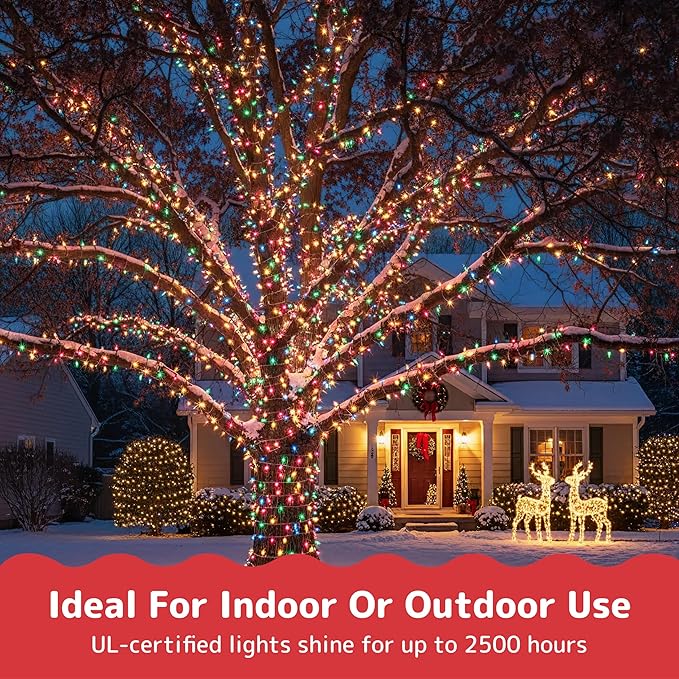 PREXTEX Multicolored Christmas Lights with Green Wire, 60 Feet, 300 Lights, Colorful String Lights Indoor or Outdoor - Incandescent String Lighting for Christmas Tree Decorations for Fences and Patios