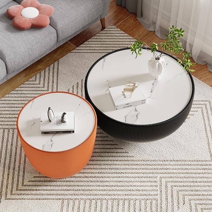 Round Living Room Table Set, 27.56" Black Drum Center Table and 19.69" Orange Coffee Table Set, 2 Pieces Coffee Table Set with Sintered Stone Tabletop, Fluted PU Leather Covered and Metal Base