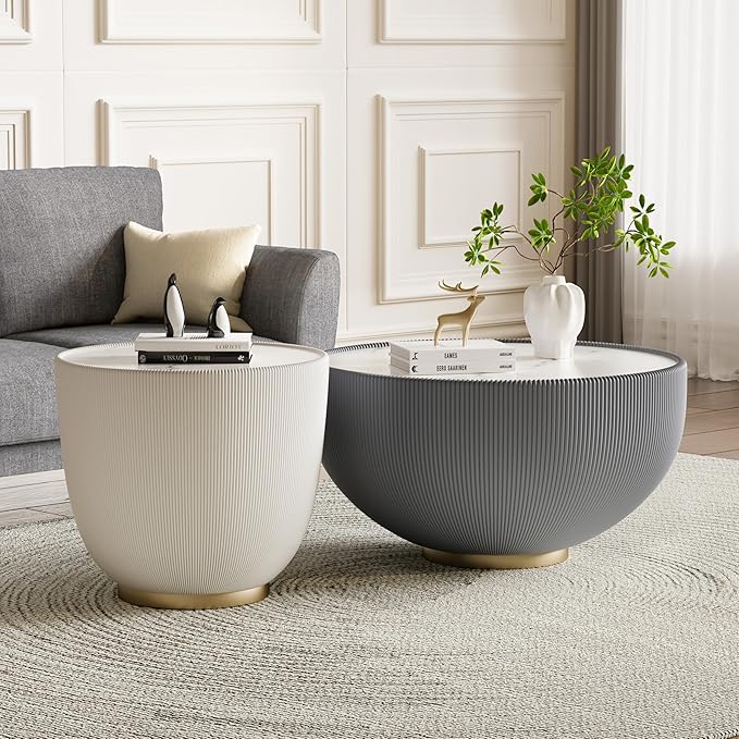 Round Living Room Table Set, 27.56" Grey Drum Center Table and 19.69" White Coffee Table Set, 2 Pieces Coffee Table Set with Sintered Stone Tabletop, Fluted PU Leather Covered and Metal Base
