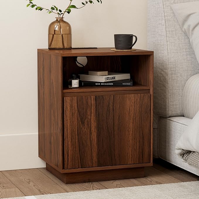 Farmhouse End Table Charging Station Set of 2, Wood Storage Nightstand with Door & Open Shelf, Bedside End Tables for Bedroom, Sofa, Brown