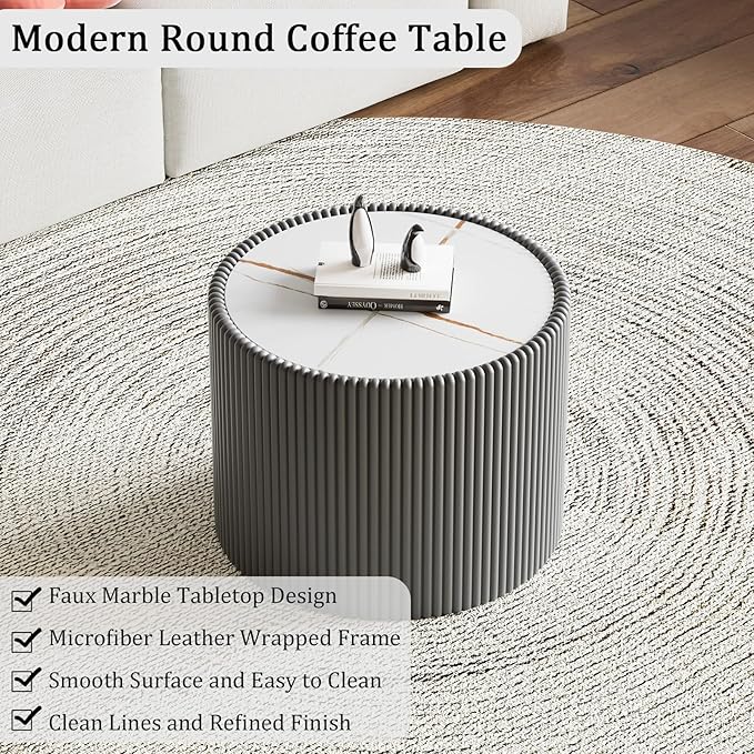17.71" Grey Round Coffee Table, Drum Coffee Table with Sintered Stone Tabletop and Fluted PU Leather Covered and Stable Base, Circle Cocktail Tea Table for Living Room
