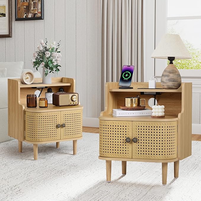 Metal Rattan End Table Set of 2 with Charging Station, Mid Century Modern Nightstand with 2 Doors, Bed Side Table with Storage for Couch,Living Room, Sofa Side Table for Office,Dorm - Natural