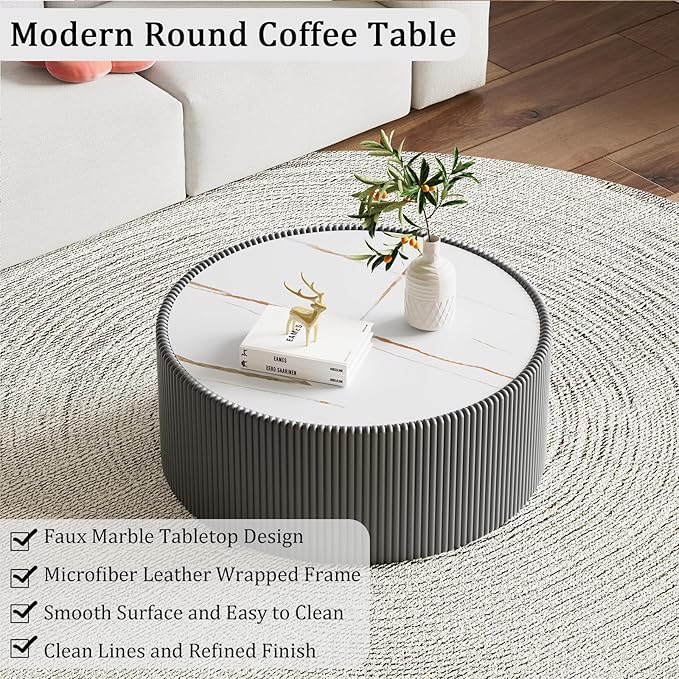Round Living Room Table Set, 29.52" Grey Drum Center Table and 17.71" White Coffee Table Set, 2 Pieces Coffee Table Set with Sintered Stone Tabletop, Fluted PU Leather Covered and StableBase
