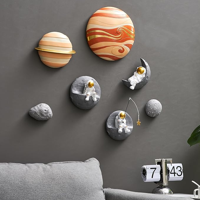 4Pcs Outer Space Planets Wall Decor Cute Wall Sculptures Astronauts Galaxy Nursery Decor, 3D Outer Space Theme Bedroom Wall Decorations for Kids Room Boys Room