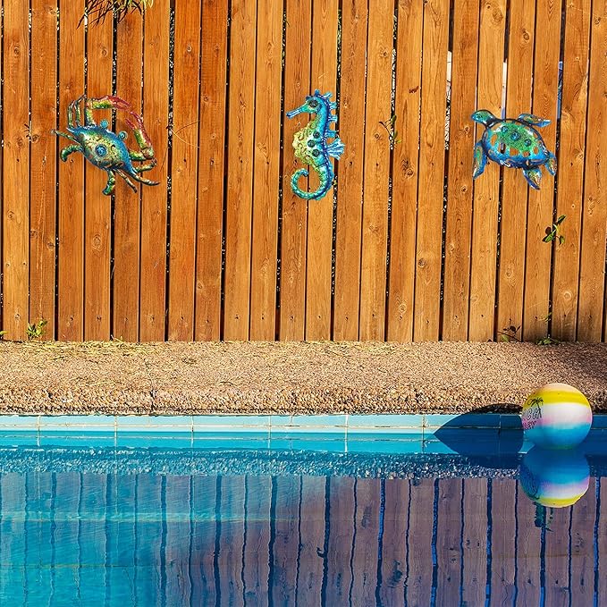 Weibefee Metal Sea Turtle Seahorse Crab Beach Themed Bathroom Wall Art Christmas Decor, Ocean Themed Wall Christmas Decorations Gift for Home Bathroom,10 Inch, Set of 3…
