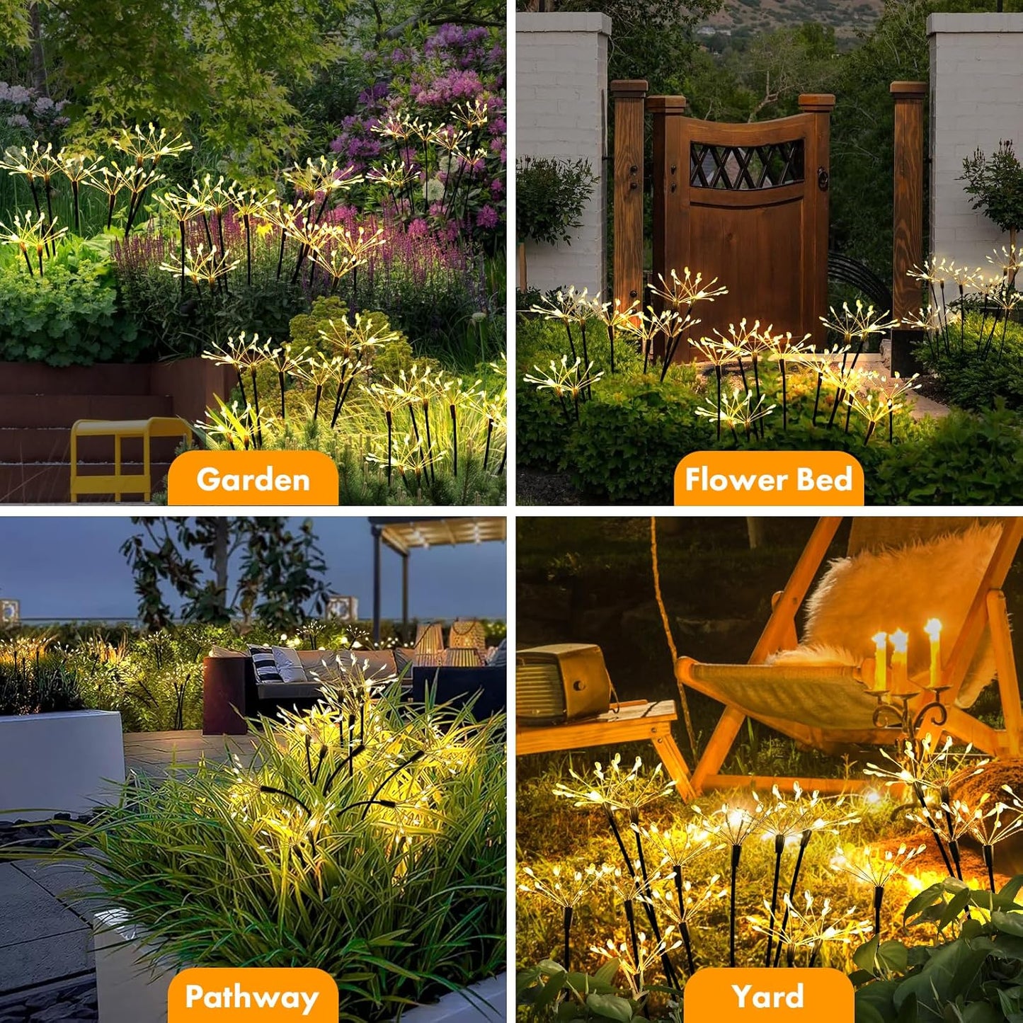 Kwaiffeo Solar Garden Light 4 Pack Outdoor Waterproof Firework Lights with 240 LEDs Twinkling Fairy Solar Lights Outdoor Garden Yard Pathway Decor, Gardening Gifts for Women Mothers Day (Warm White)