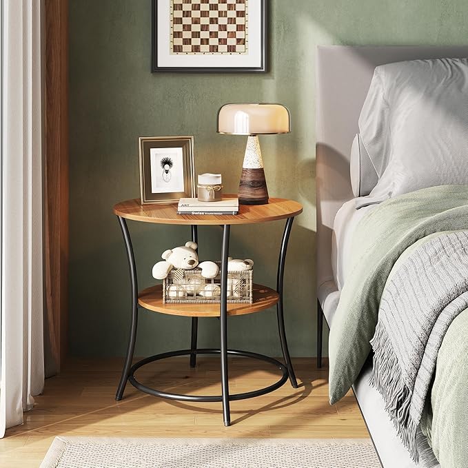 WLIVE Side Table, Round End Table with 2 Storage Shelves for Living Room, Bedroom, Nightstand with Steel Frame for Small Spaces, Accent Coffee Table, Rustic Walnut