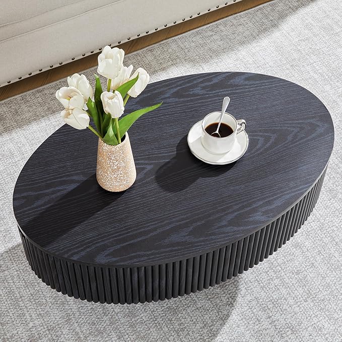 Oval Coffee Table with Hidden Storage, 31.5 Inch Wide Modern Coffee Table, Center Table with Fluted Veneered, Accent Tea Table for Small Space Living Room Apartment (Black)