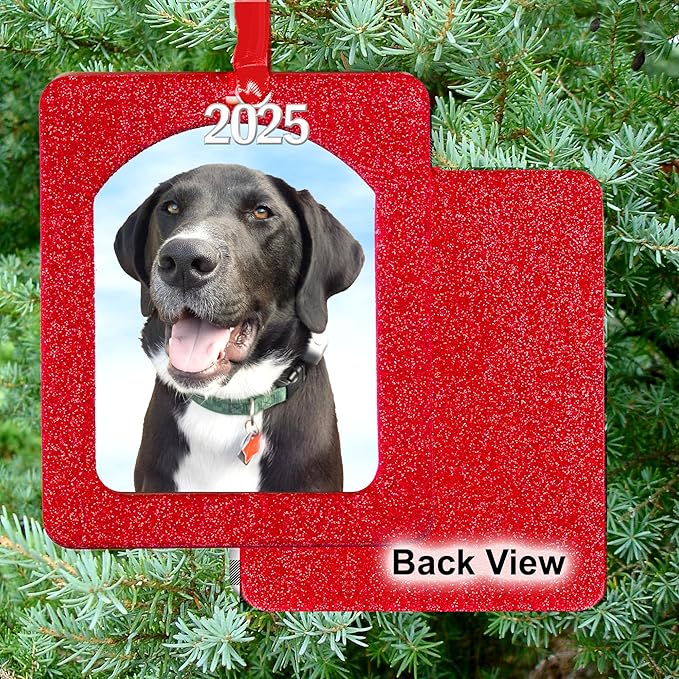 2025 Photo Ornaments for Christmas Tree, Sparkly Glitter Christmas Frame Ornament, Easy-Load Magnetic Design, Includes Satin Ribbon, Silver Charm & Photo Protector, Vertical, Red