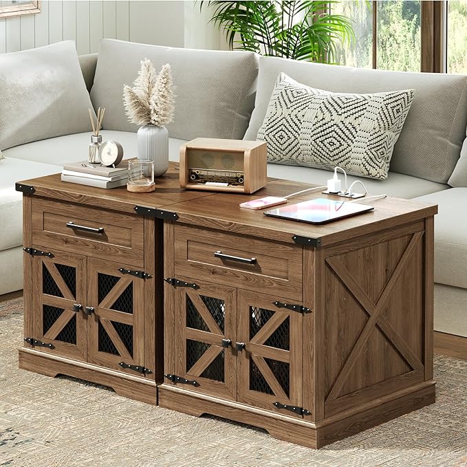 Walnut Farmhouse End Table with Charging Station, 24" Large Sofa Side Table with Drawer, Large End Table for Living Room, Wooden Nightstand with Outlet, Square, Walnut