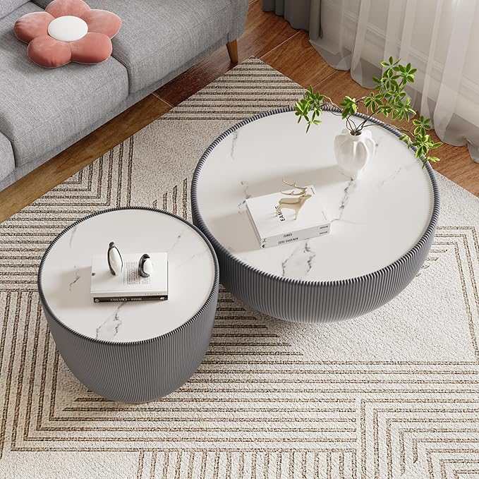 Round Living Room Table Set, 27.56" Grey Drum Center Table and 19.69" Grey Coffee Table Set, 2 Pieces Coffee Table Set with Sintered Stone Tabletop, Fluted PU Leather Covered and Metal Base