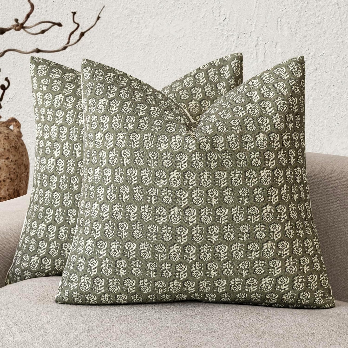 Foindtower Set of 2 Decorative Vintage Floral Print Throw Pillow Covers Neutral Modern Farmhouse Cushion Covers Boho Home Decor for Sofa Couch Chair Bedroom Living Room Outdoor,24×24 Inch,Sage Green