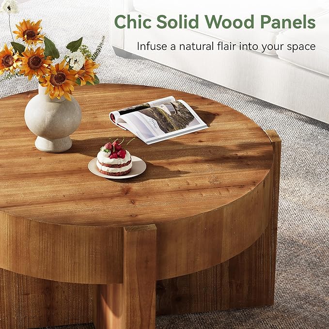 Solid Wood Coffee Table, 32 Inch Round Coffee Table for Living Room, Large Farmhouse Center Table with Thick Tabletop for Home, Easy Assembly, Rustic Brown