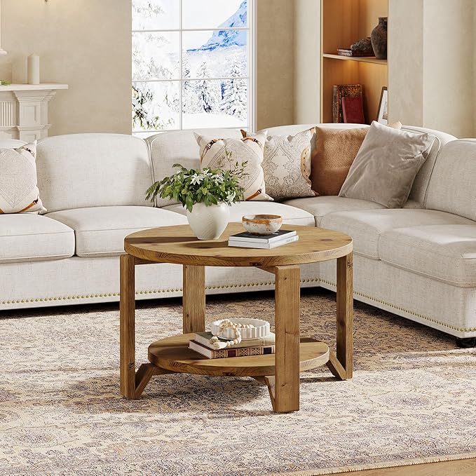 Tribesigns 30" Solid Wood Coffee Table, Round Small Coffee Table with 2-Tier Storage for Living Room, Farmhouse Brown Round Solid Wood Accent, Circle Center Furniture with Natural Texture Design