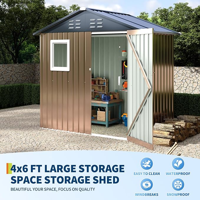 6x4 FT Metal Storage Sheds Outdoor with Window, Metal Yard Sheds Garden Shed Kit, MetalTool Shed with Lockable Door, UtilitySheds Buildings with Air Vent