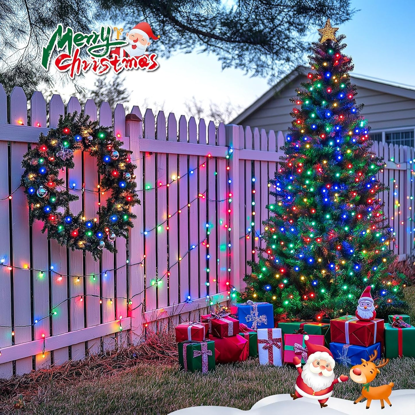 JMEXSUSS 2 Pack Solar String Light 100LED 32.8ft 8 Modes Solar Christmas Lights Waterproof for Gardens, Wedding, Party, Homes, Christmas Tree, Curtains, Outdoors (Multicolor)